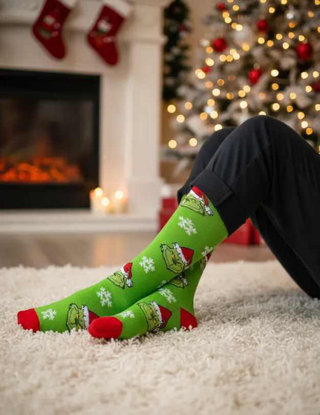 Medias Extra Largas Navideñas Dama Algodón "Grinch Caritas" Verde