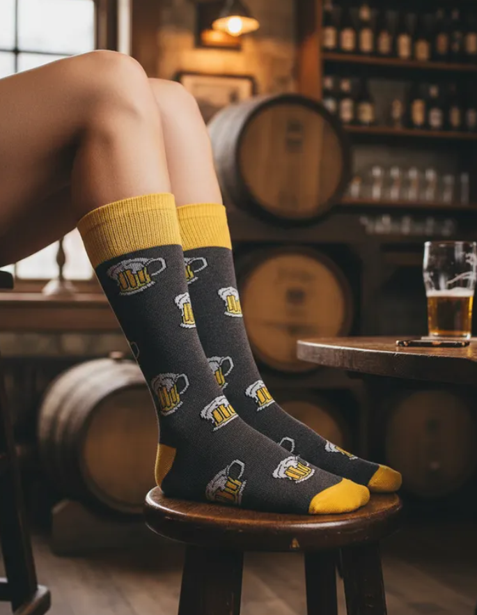Calcetines Divertidos "Tarros De Cerveza" Color Gris / Amarillo