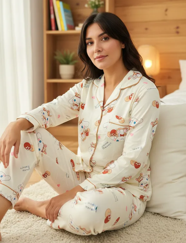 Pijama Dama Pantalón y Camisa de Botones Cute Diseño De Cinnamoroll