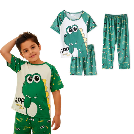 Pijama Infantil De Cocodrilo Verde Niño/Niña Pantalón, Short y Playera Fresca Moda
