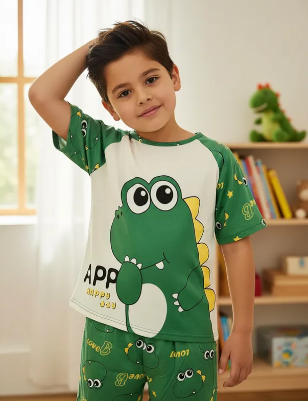 Pijama Infantil De Cocodrilo Verde Niño/Niña Pantalón, Short y Playera Fresca Moda