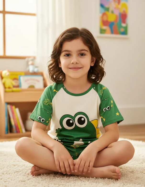 Pijama Infantil De Cocodrilo Verde Niño/Niña Pantalón, Short y Playera Fresca Moda