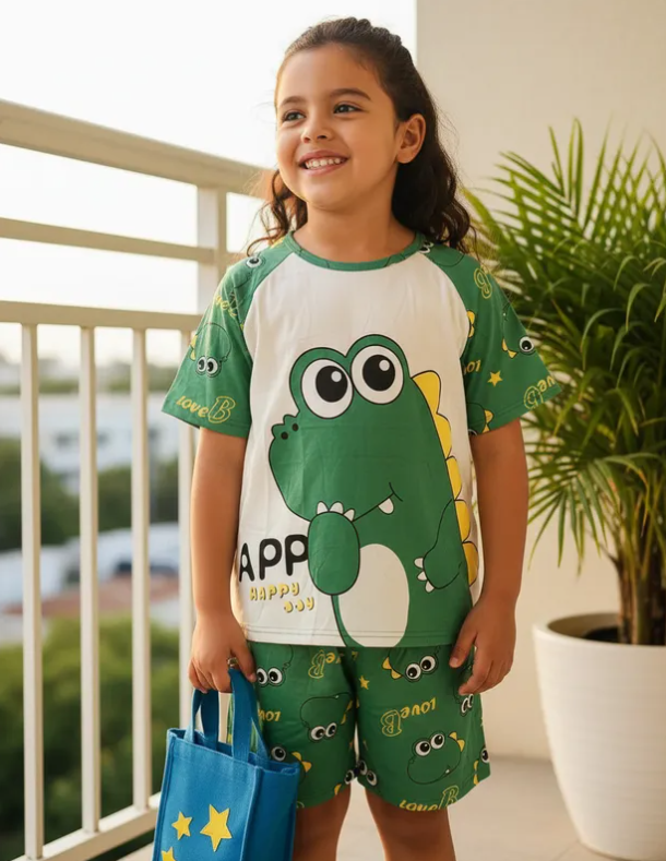 Pijama Infantil De Cocodrilo Verde Niño/Niña Pantalón, Short y Playera Fresca Moda