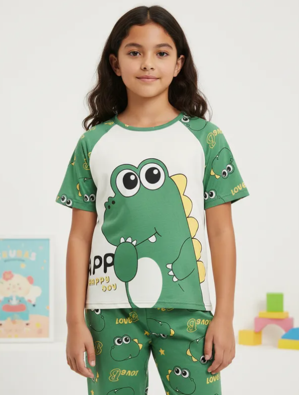 Pijama Infantil De Cocodrilo Verde Niño/Niña Pantalón, Short y Playera Fresca Moda