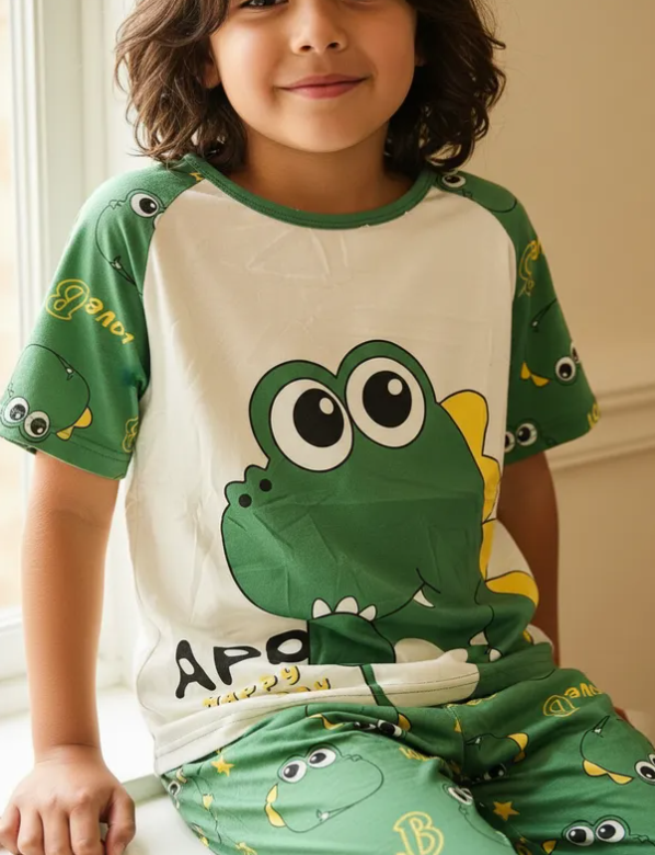 Pijama Infantil De Cocodrilo Verde Niño/Niña Pantalón, Short y Playera Fresca Moda