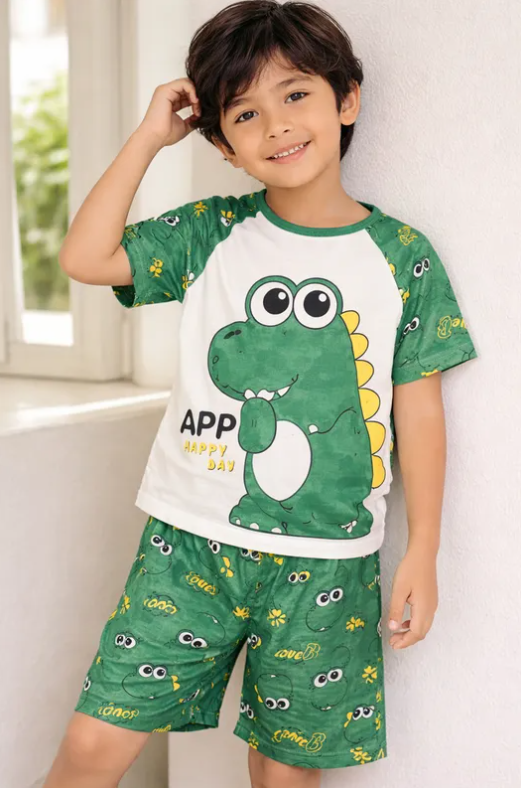 Pijama Infantil De Cocodrilo Verde Niño/Niña Pantalón, Short y Playera Fresca Moda