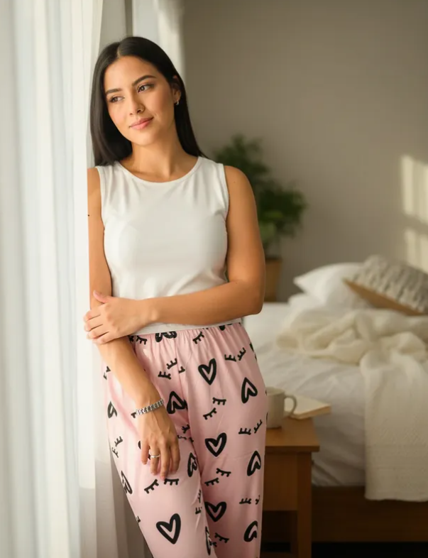 Pijama Para Mujer Moda Conjunto Pantalón, Short Y 2 Blusas Diseño De Corazones