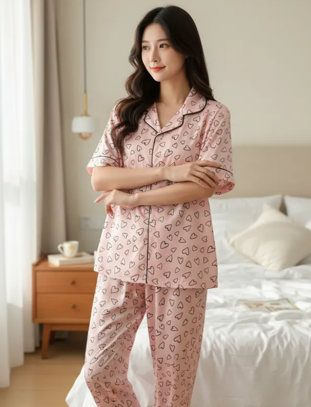 Conjunto De Pijama Rosa Mujer Pantalón y Camisa Botones Elegante Diseño De Corazones