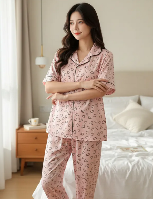 Conjunto De Pijama Rosa Mujer Pantalón y Camisa Botones Elegante Diseño De Corazones