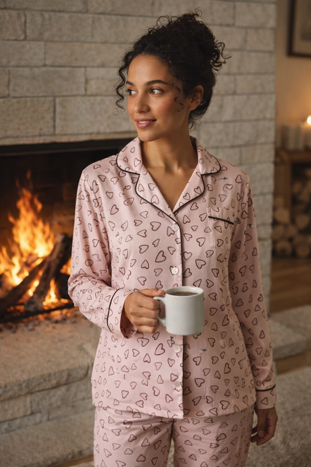 Conjunto De Pijama Rosa Mujer Pantalón y Camisa Botones Elegante Diseño De Corazones