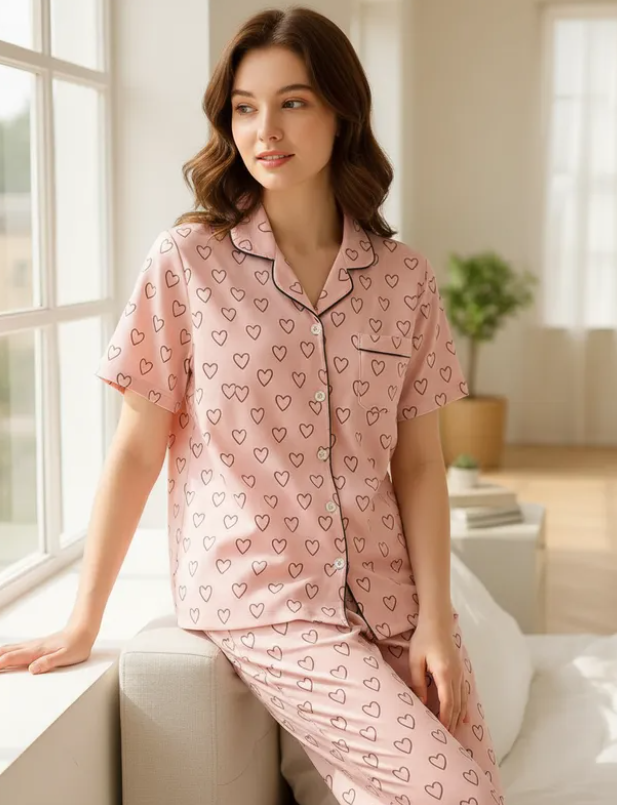 Conjunto De Pijama Rosa Mujer Pantalón y Camisa Botones Elegante Diseño De Corazones