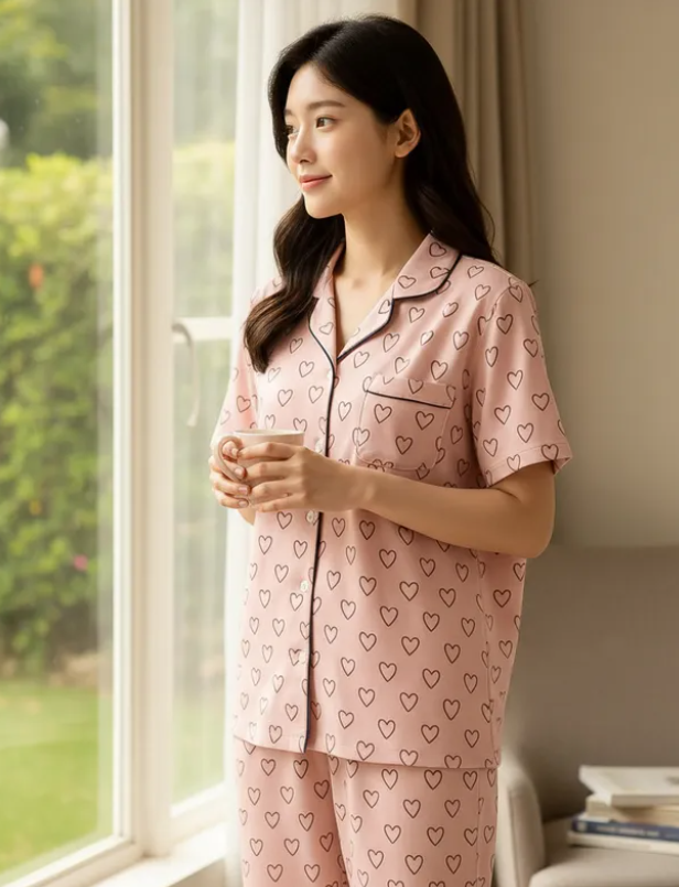 Conjunto De Pijama Rosa Mujer Pantalón y Camisa Botones Elegante Diseño De Corazones