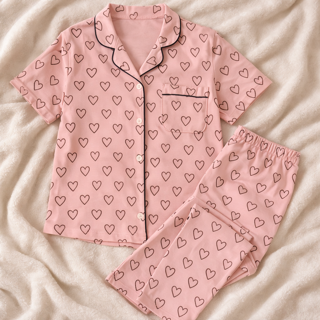 Conjunto De Pijama Rosa Mujer Pantalón y Camisa Botones Elegante Diseño De Corazones