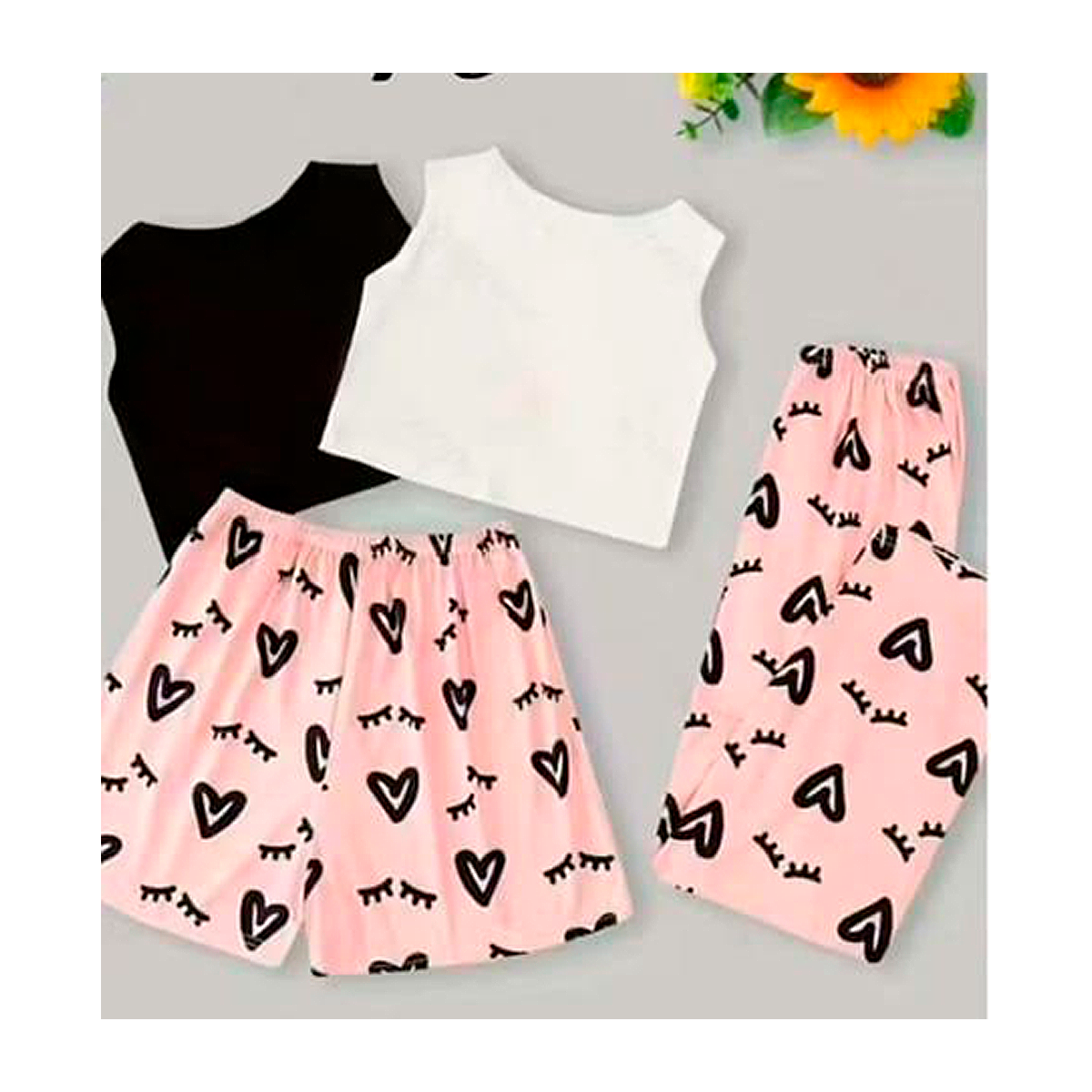 Pijama Para Mujer Moda Conjunto Pantalón, Short Y 2 Blusas Diseño De Corazones