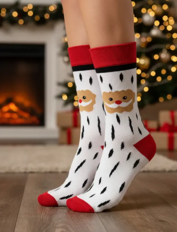 Calcetines Navideños Divertidos Diseño Cara De Santa Claus Blanco