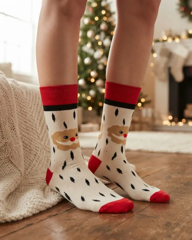 Calcetines Navideños Divertidos Diseño Cara De Santa Claus Blanco