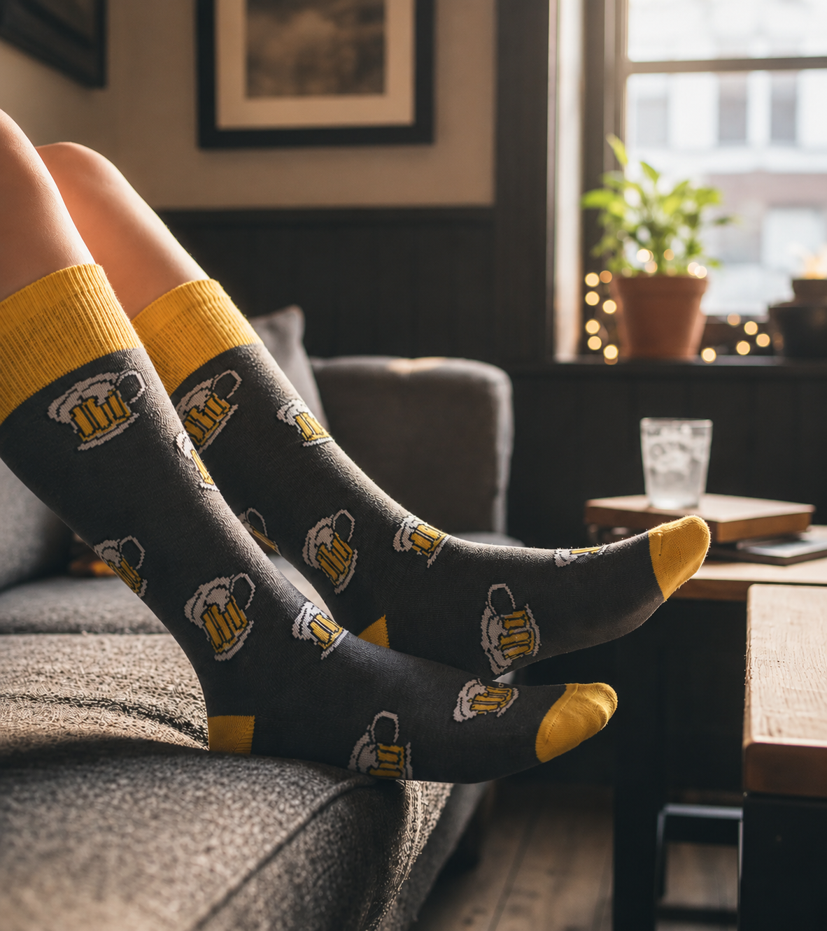 Calcetines Divertidos "Tarros De Cerveza" Color Gris / Amarillo