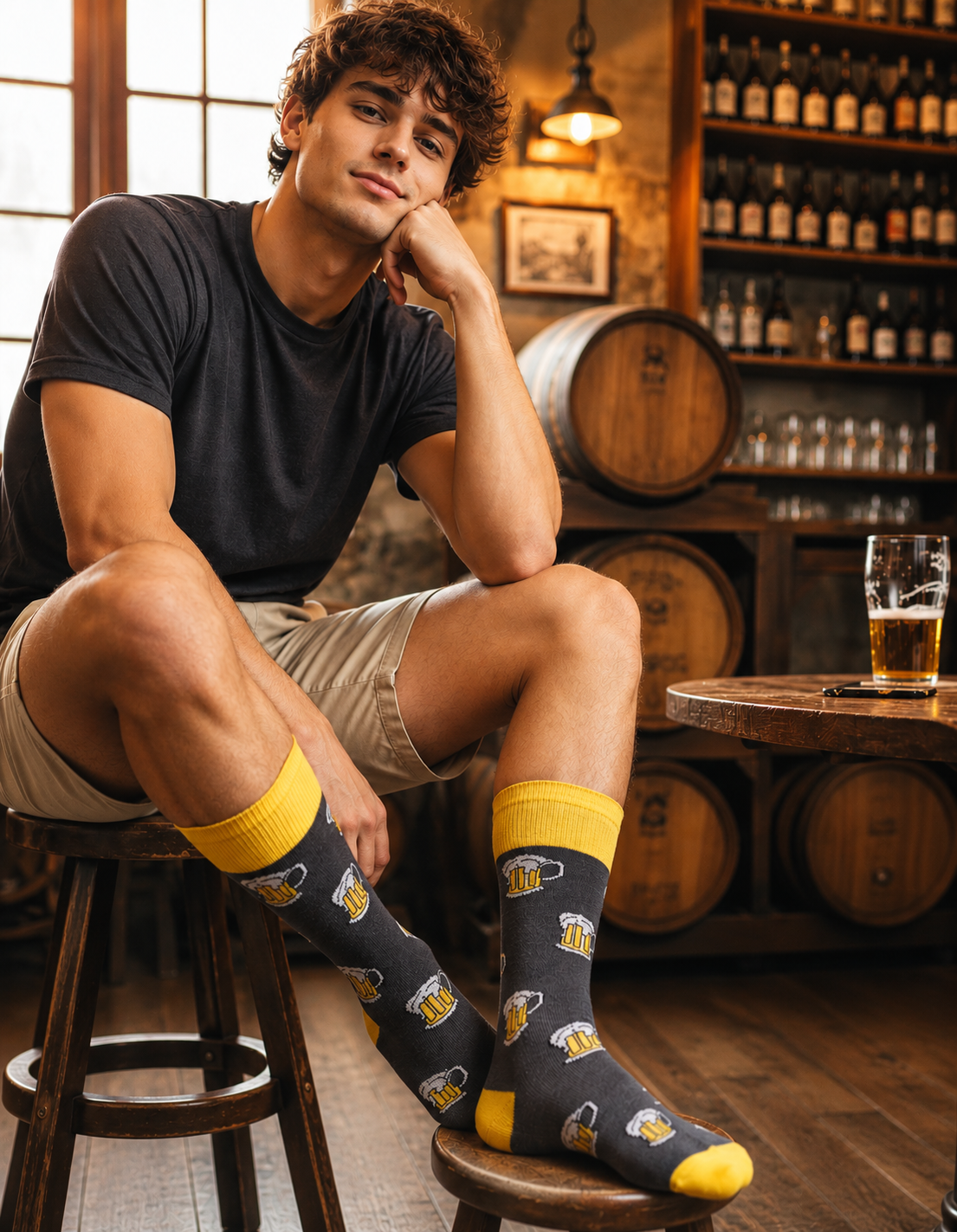 Calcetines Divertidos "Tarros De Cerveza" Color Gris / Amarillo