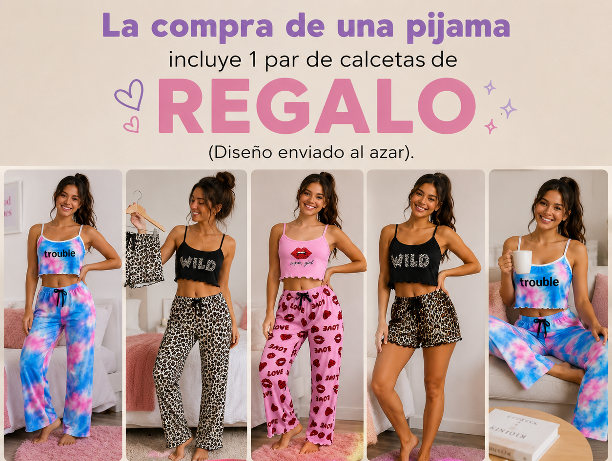 Pijama Mujer Conjunto Verano Top, Short, Pantalón Y Calcetas Diseño de Leopardo