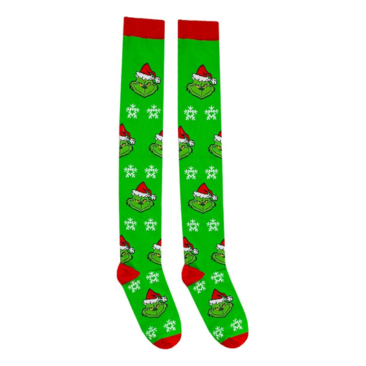 Medias Extra Largas Navideñas Dama Algodón "Grinch Caritas"