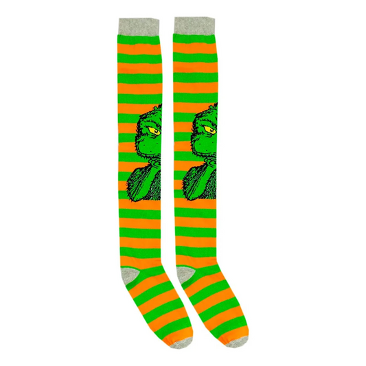 Medias Extra Largas Navideñas Dama Algodón "Grinch Rayas Naranjas"