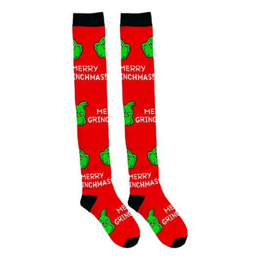 Medias Extra Largas Navideñas Dama Algodón "Grinch Merry Christmas"