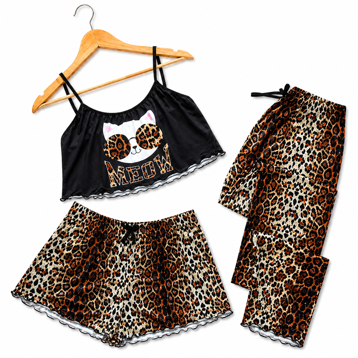 Pijama Mujer Conjunto Verano Top, Short, Pantalón Y Calcetas Diseño de Gato Jaguar