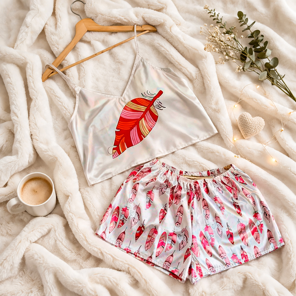 Pijama Mujer Top/Short Frescas Moda "Plumas Elegantes"