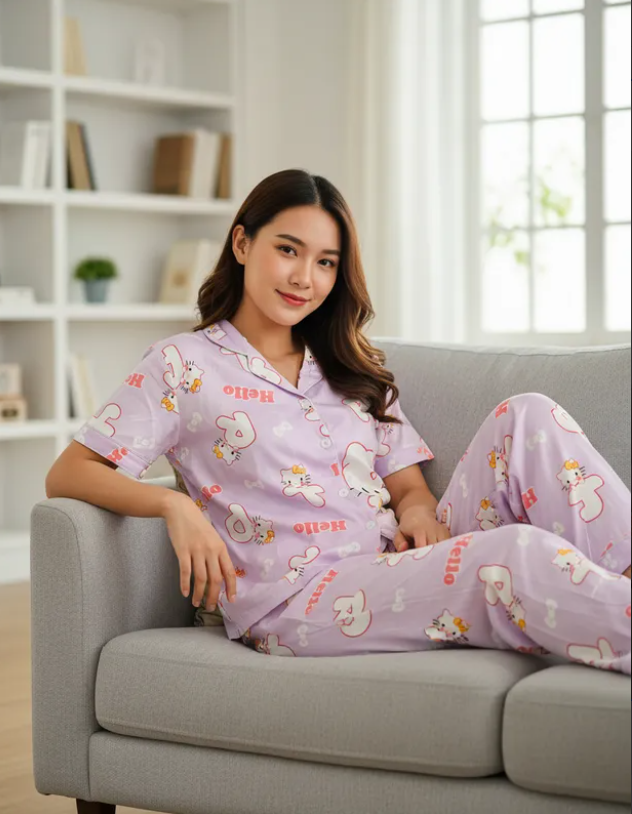 Pijama Dama Pantalón y Camisa de Botones Cute Diseño De Hello Kitty Lila