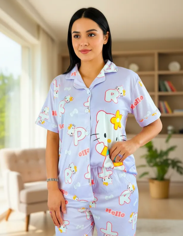 Pijama Dama Pantalón y Camisa de Botones Cute Diseño De Hello Kitty Lila