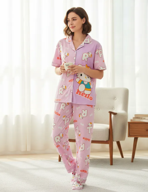 Pijama Dama Pantalón y Camisa de Botones Cute Diseño De Hello Kitty Lila