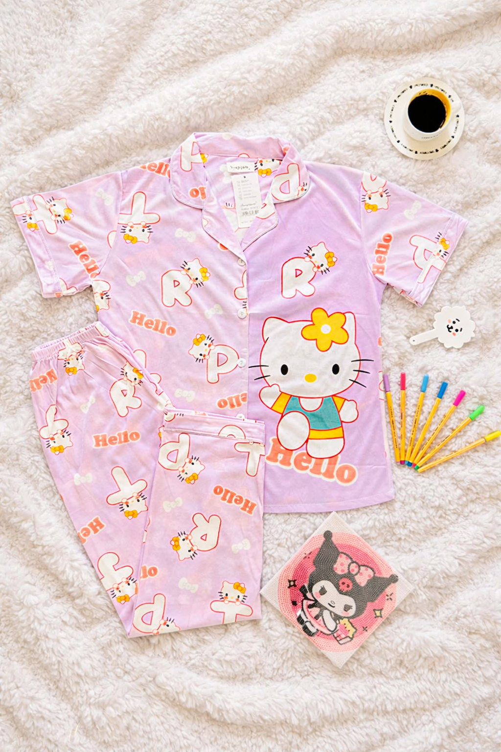Pijama Dama Pantalón y Camisa de Botones Cute Diseño De Hello Kitty Lila
