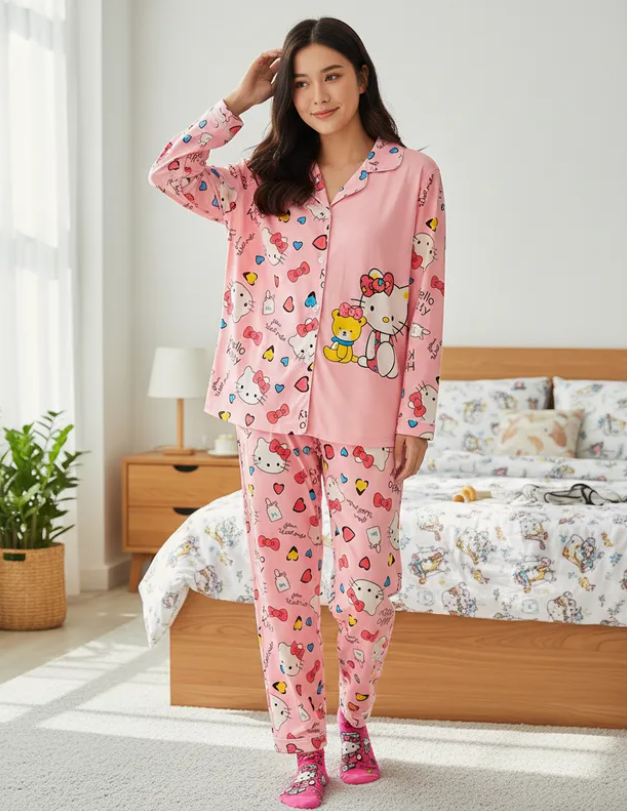 Pijama Dama Pantalón y Camisa de Botones Cute Diseño De Hello Kitty Color Rosa
