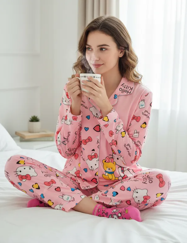 Pijama Dama Pantalón y Camisa de Botones Cute Diseño De Hello Kitty Color Rosa