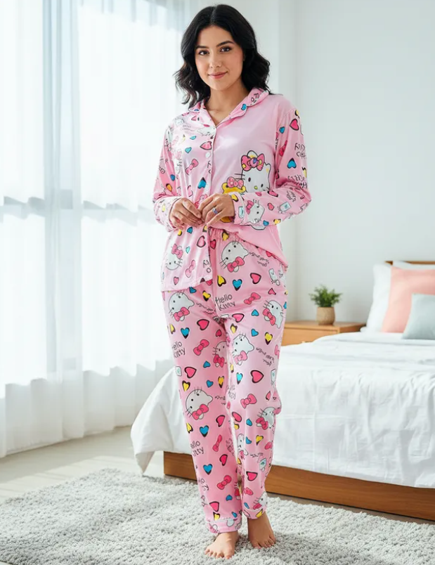 Pijama Dama Pantalón y Camisa de Botones Cute Diseño De Hello Kitty Color Rosa