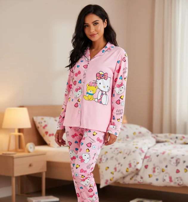 Pijama Dama Pantalón y Camisa de Botones Cute Diseño De Hello Kitty Color Rosa