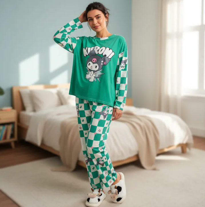 Conjunto Pijama Diseño De "Kuromi Cuadritos Verdes"