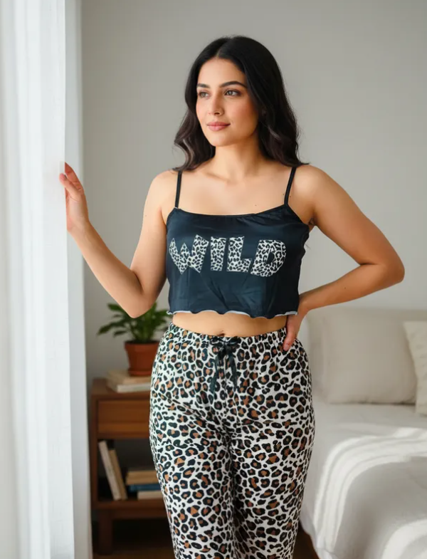 Pijama Mujer Conjunto Verano Top, Short, Pantalón Y Calcetas Diseño de Leopardo