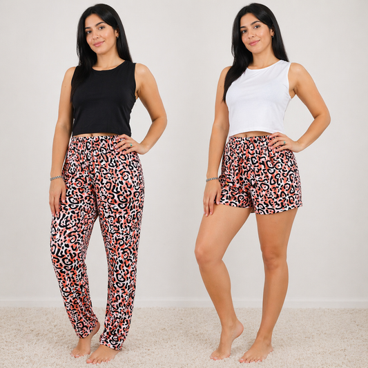 Pijama Para Mujer Moda Conjunto Pantalón, Short Y 2 Blusas Diseño De Leopardo