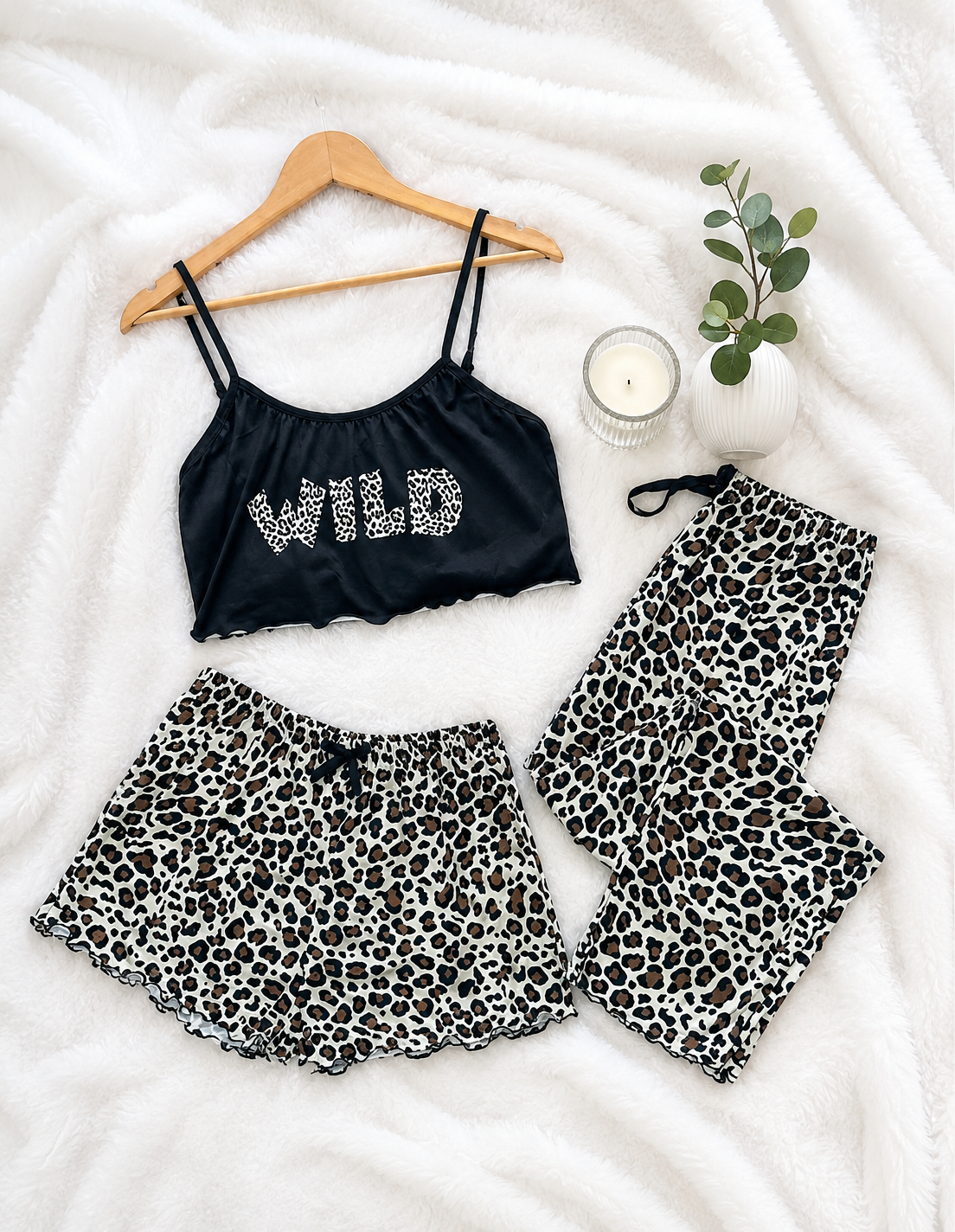 Pijama Mujer Conjunto Verano Top, Short, Pantalón Y Calcetas Diseño de Leopardo