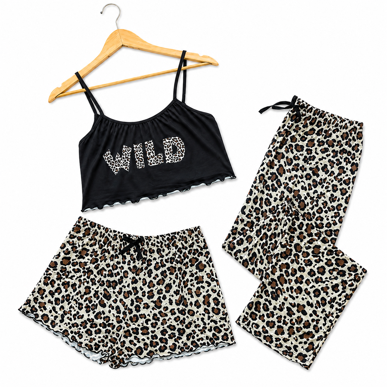 Pijama Mujer Conjunto Verano Top, Short, Pantalón Y Calcetas Diseño de Leopardo