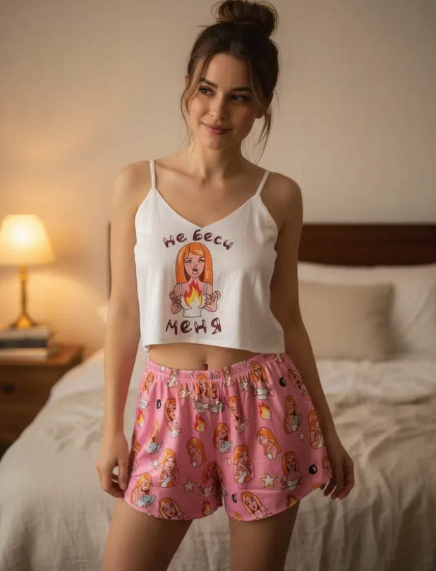 Pijama Mujer Top/Short Frescas Moda "Muñeca Y Emojis De Fueguitos"