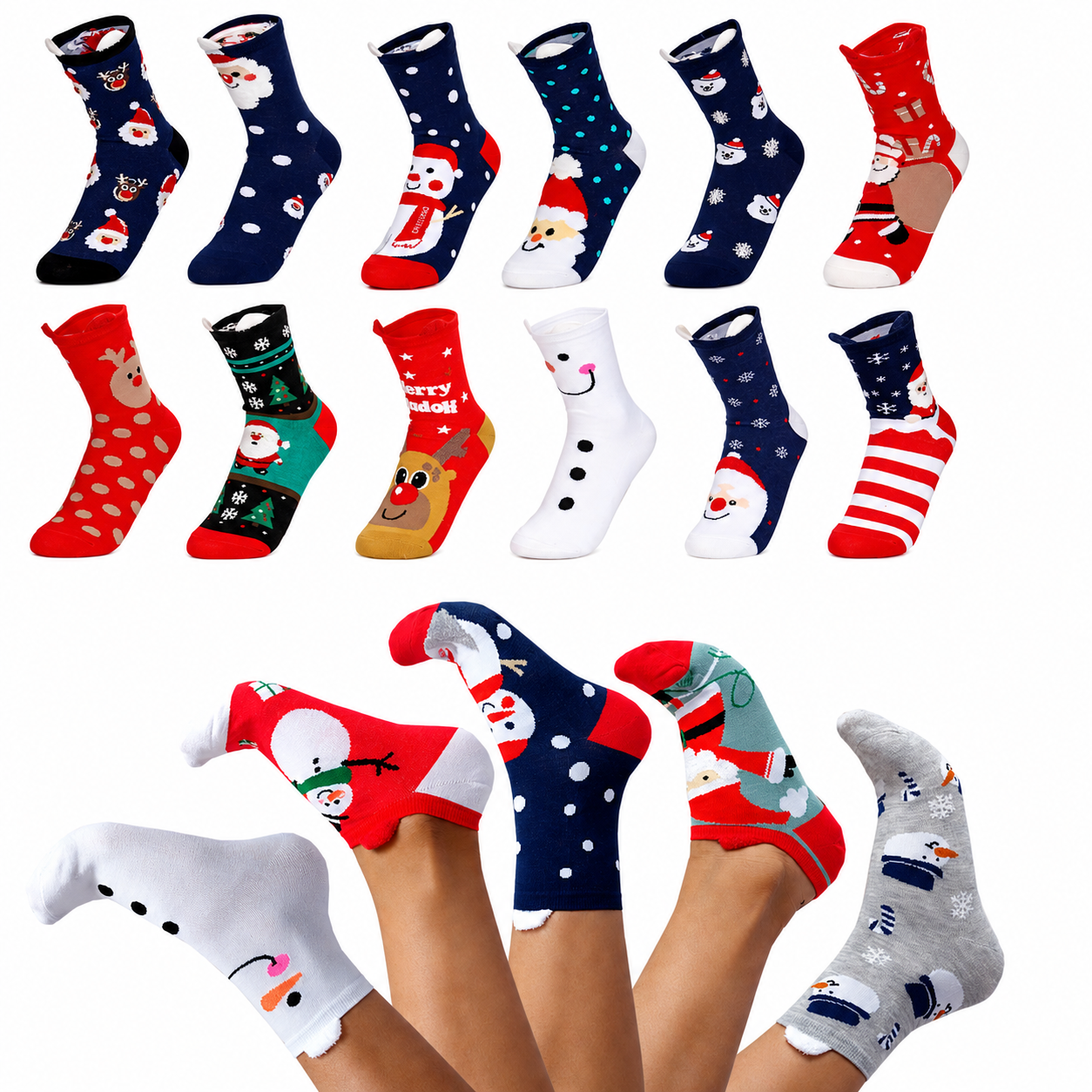 Calcetas Navideñas De Mujer Orejitas Algodón Moda Calidad 12 Pares