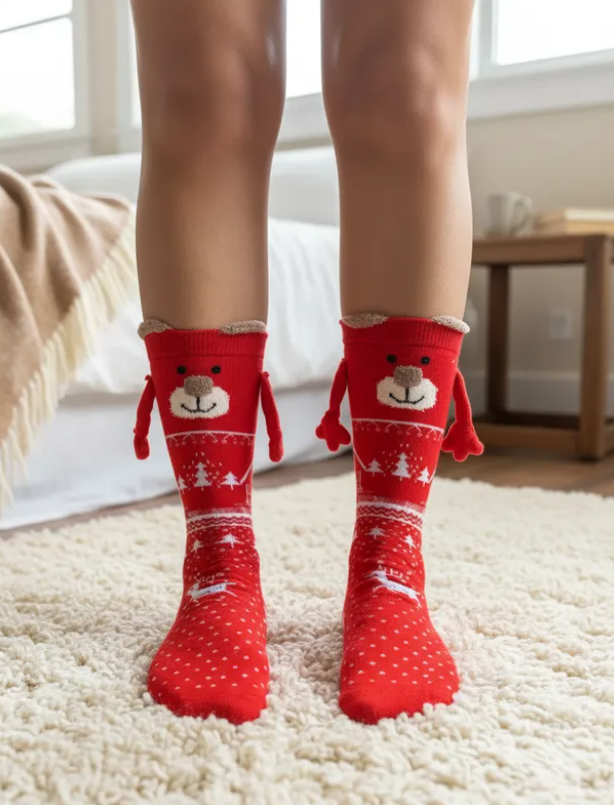 Calcetas Navideñas Manitas Imán Moda Cute Oso Navideño 1 Par