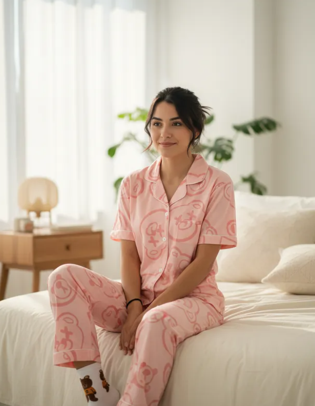 Pijama Dama Pantalón y Camisa de Botones Cute Diseño De Osos Rosas