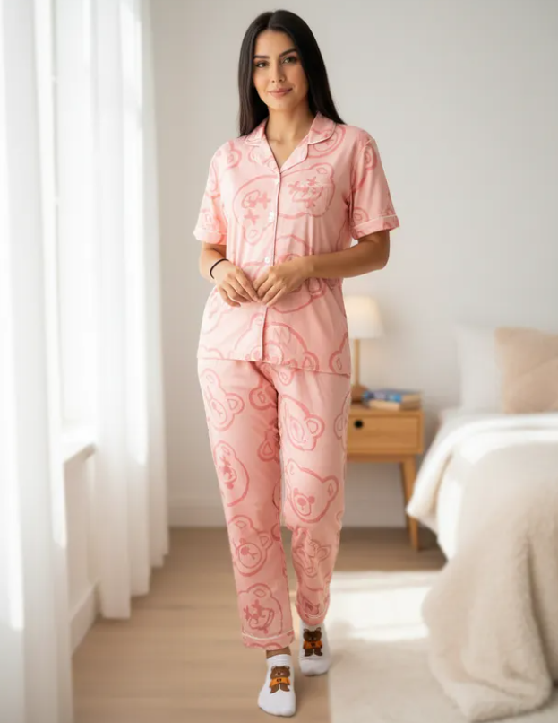 Pijama Dama Pantalón y Camisa de Botones Cute Diseño De Osos Rosas