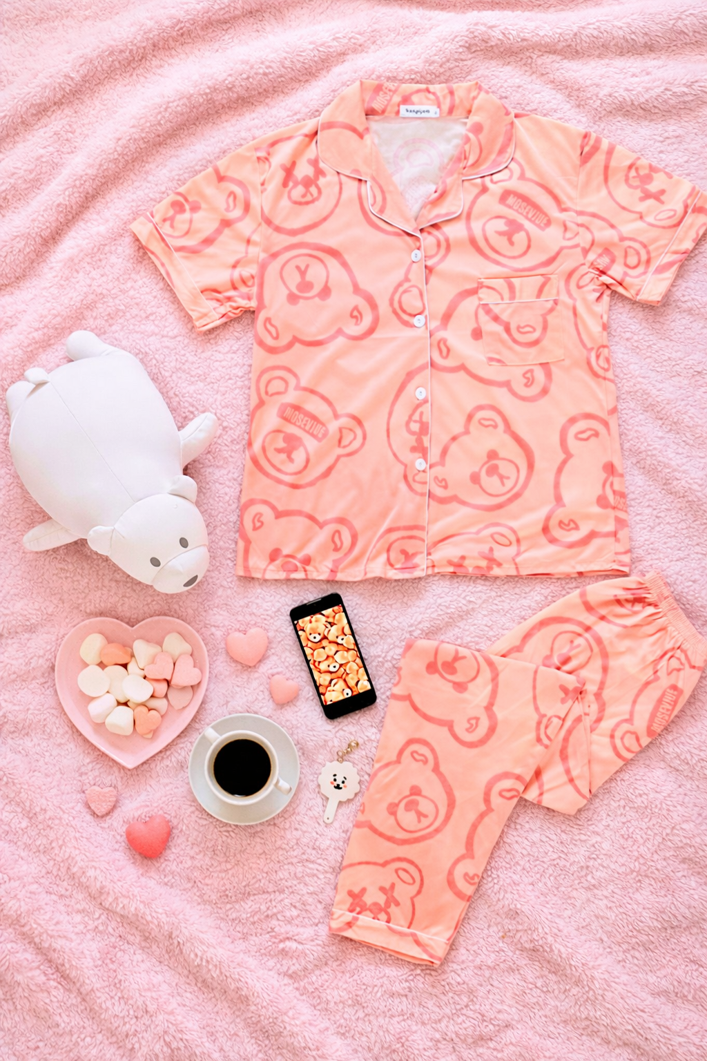 Pijama Dama Pantalón y Camisa de Botones Cute Diseño De Osos Rosas