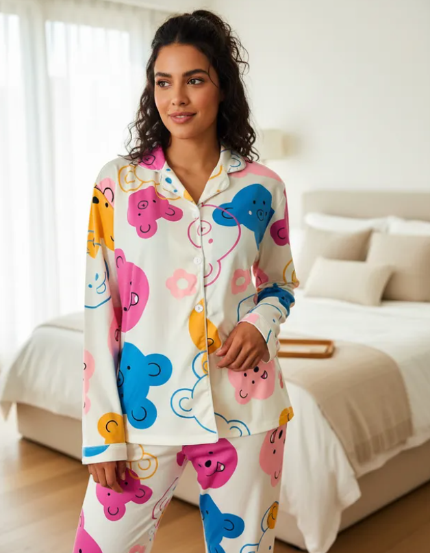 Pijama Dama Pantalón y Camisa de Botones Cute Diseño De Osos de Colores