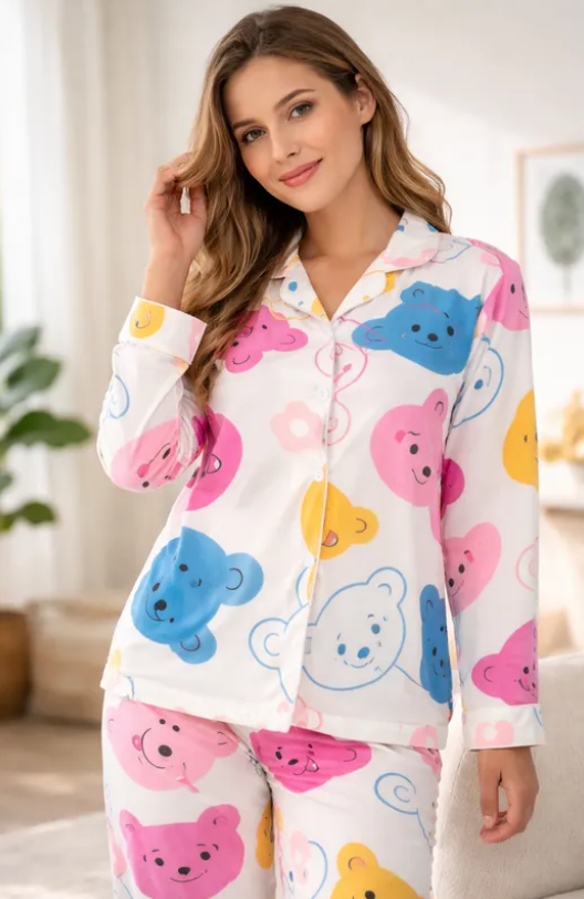Pijama Dama Pantalón y Camisa de Botones Cute Diseño De Osos de Colores