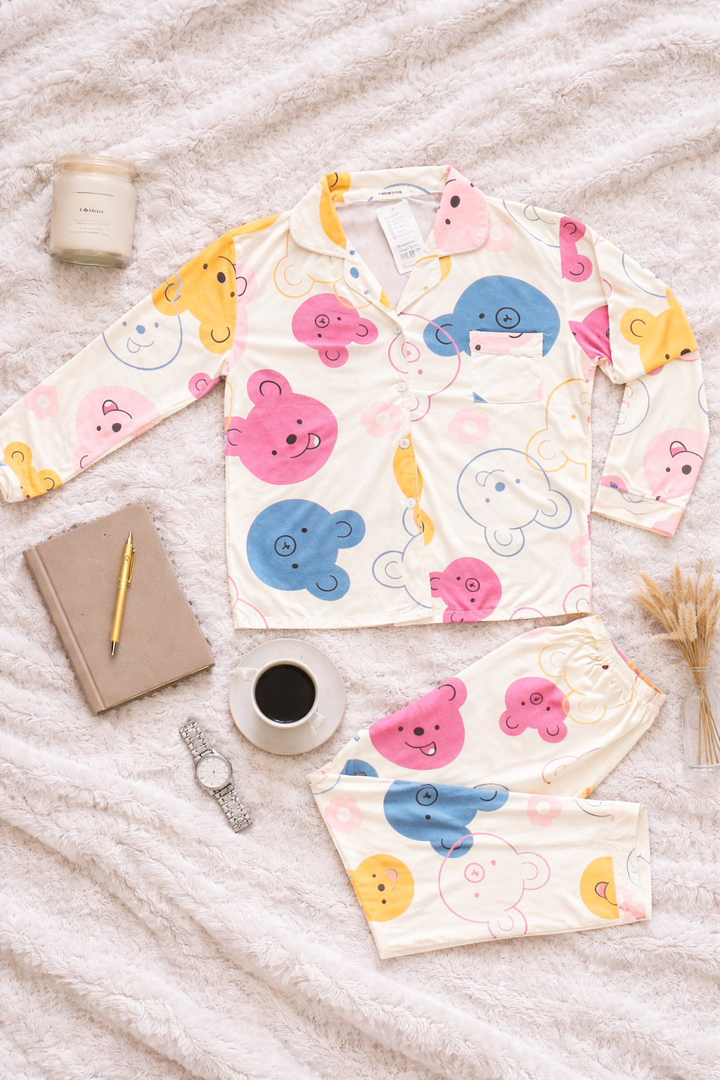 Pijama Dama Pantalón y Camisa de Botones Cute Diseño De Osos de Colores